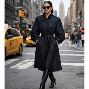 Elliott Bass New York Vintage 80s Black Puff Sleeve Belted Trench Coat RETRO